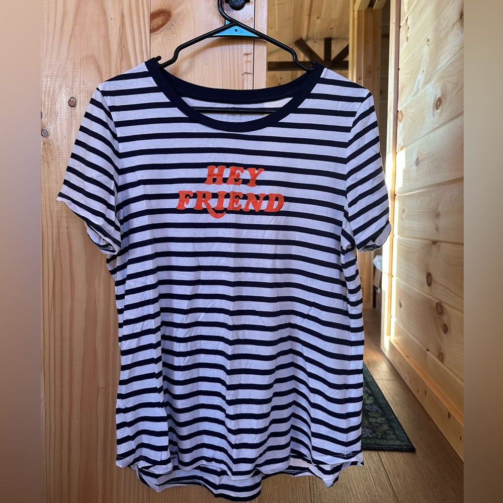 Old Navy “Hey Friend” Graphic Tee | Navy + White Striped | Size Large